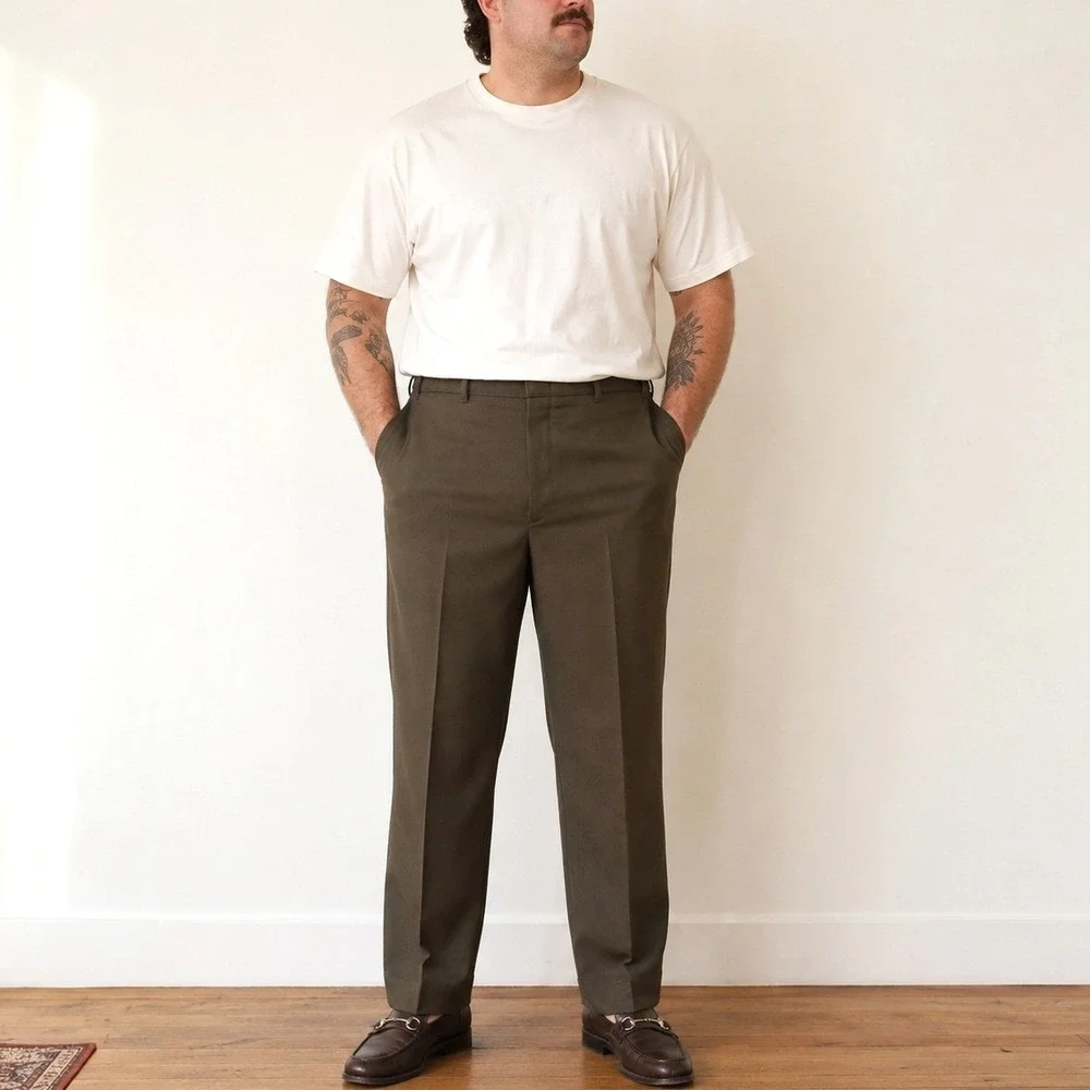 VTG Levi's Action Slacks 38x30 Olive Green Brown Made USA Dress Pants Grandpa